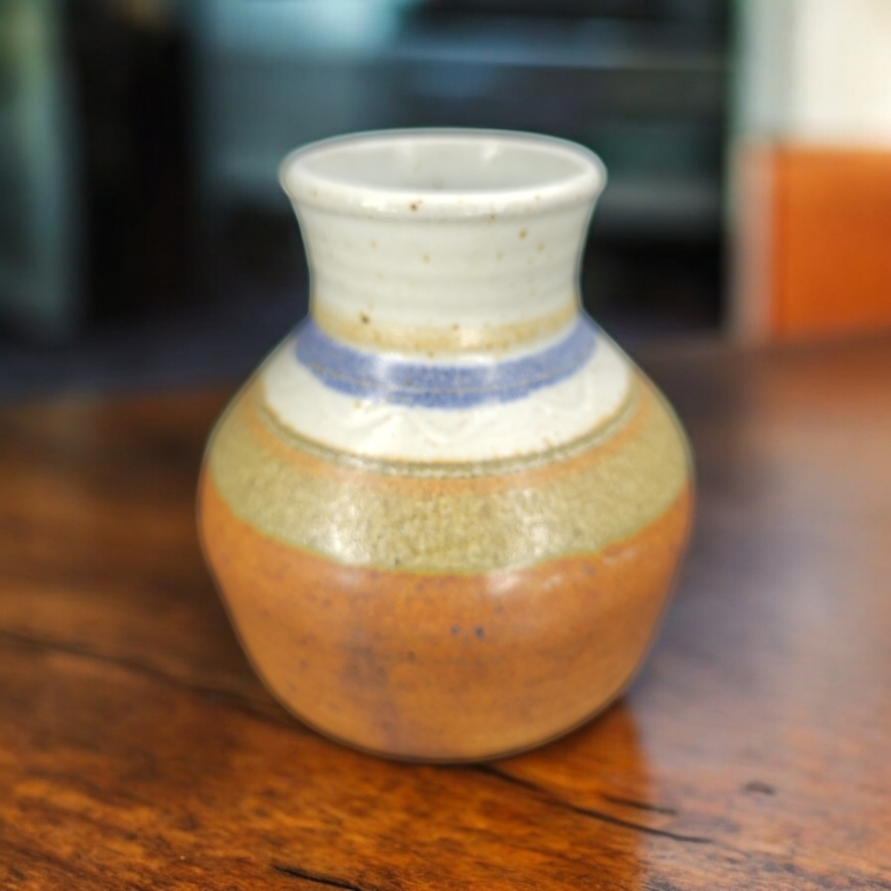 Stearns Handcraft Studio Pottery Vase Brown Blue Striped Ceramic Glazed Signed